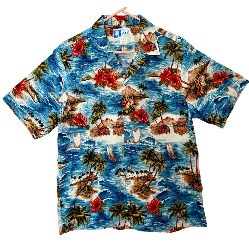 RJC Hawaiian Aloha Shirt L Blue Red Tropical Palm & Hibiscus Print 100% Cotton